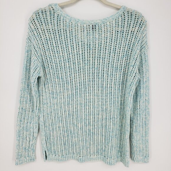 Talbots Open Knit Pointelle Sweater MP Cotton Scoop Neck Marled Aqua Blue White - Picture 2 of 7